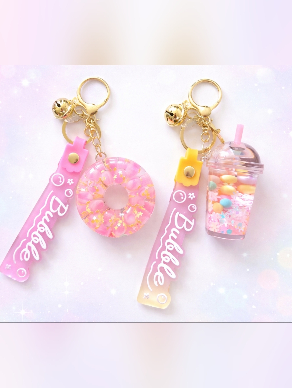 Kawaii Liquid Shaky Keychain Set 2PCS Cute Bubble Tea Donut Charm Keyring Pink G